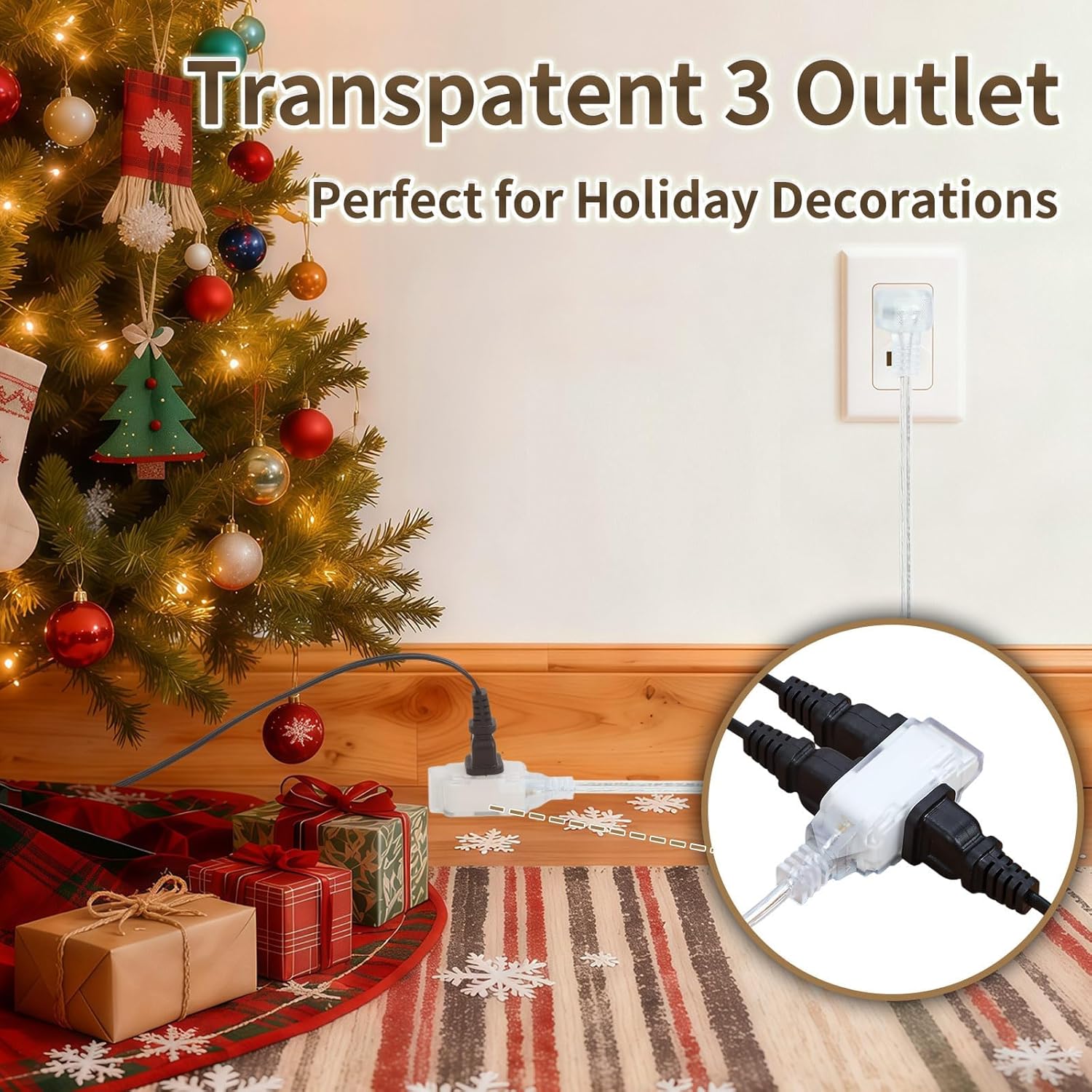 1 Pack Clear Extension Cord 12FT, 3 Outlet Extension Cord with 90° Flat Plug, UL-Certified Indoor Extension Cords, 2 Prong Thin Extension Cords, Male to Female, 2 x 18 AWG 125V 7A