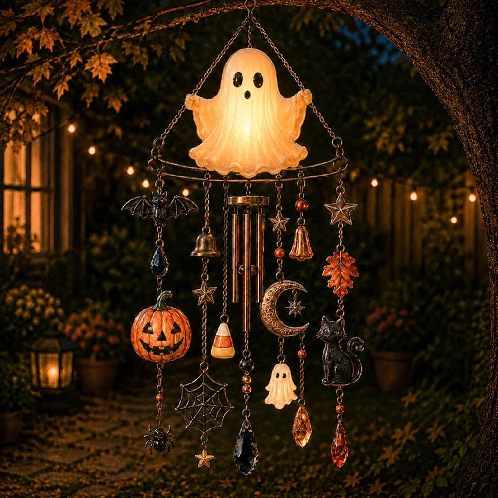 Glow in The Dark Ghost Halloween Wind Chime with Lighted Ghost Pumpkin