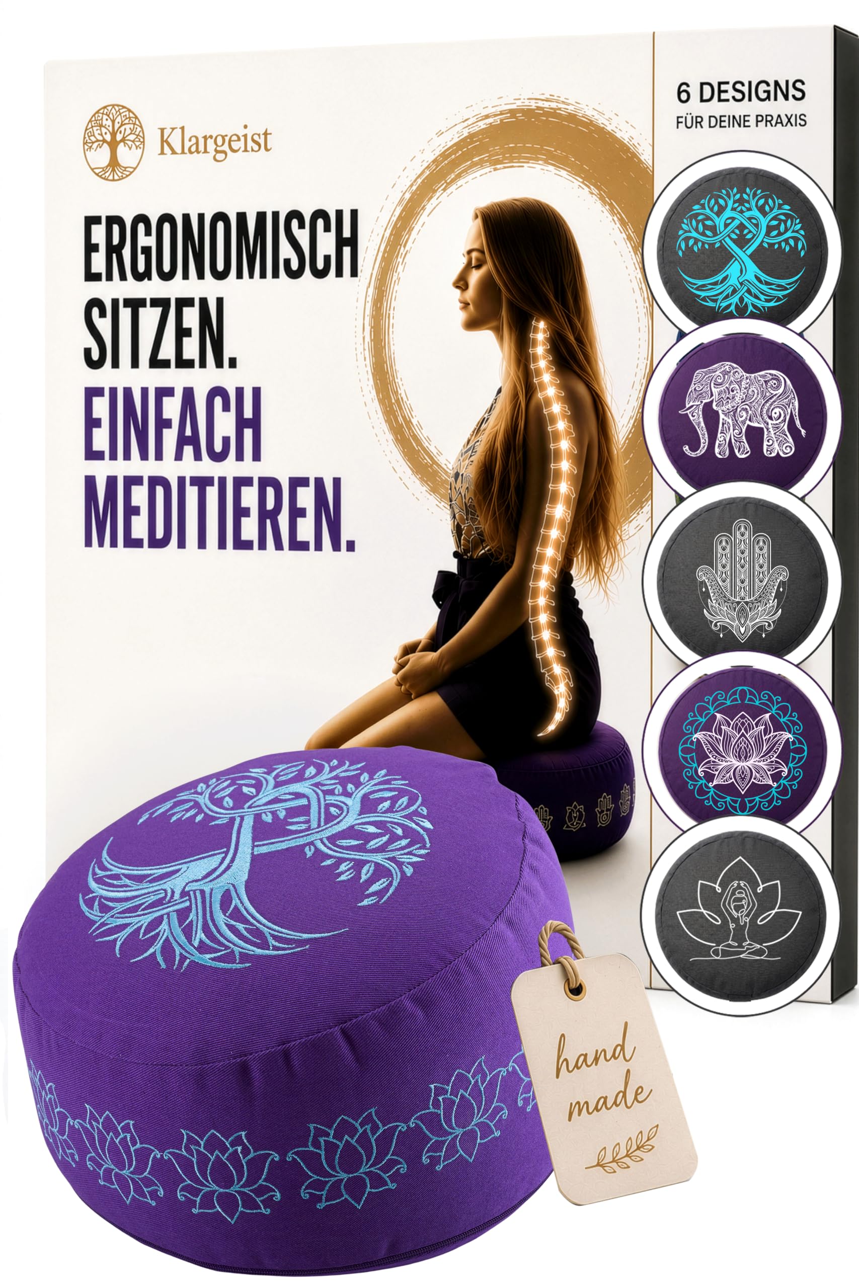 KlarGeist Meditationskissen - Yogakissen Rund | Yoga Sitzkissen | BdL-Li