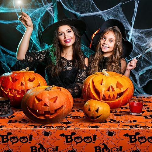 Miniatura 7 de Paquete de 3 manteles desechables de Halloween para fiesta, de 54 x 108 pulgadas, de plástico, impermeable, para decoración de cumpleaños,