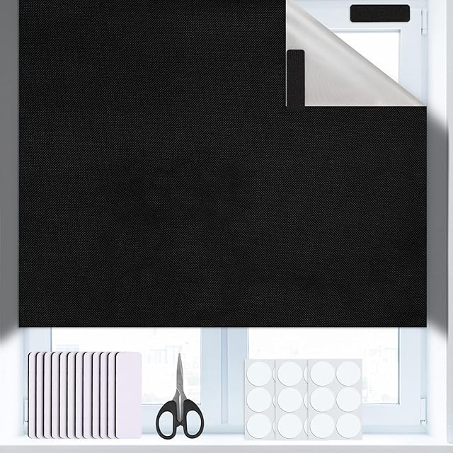 Portable Blackout Blind, Temporary 100% Blackout Material 300x145cm, Easy to Stick On No Drill Blinds Blackout Curtains for Bedroom, Nursery, Loft, with Self Adhesive Fasteners and A Scissor