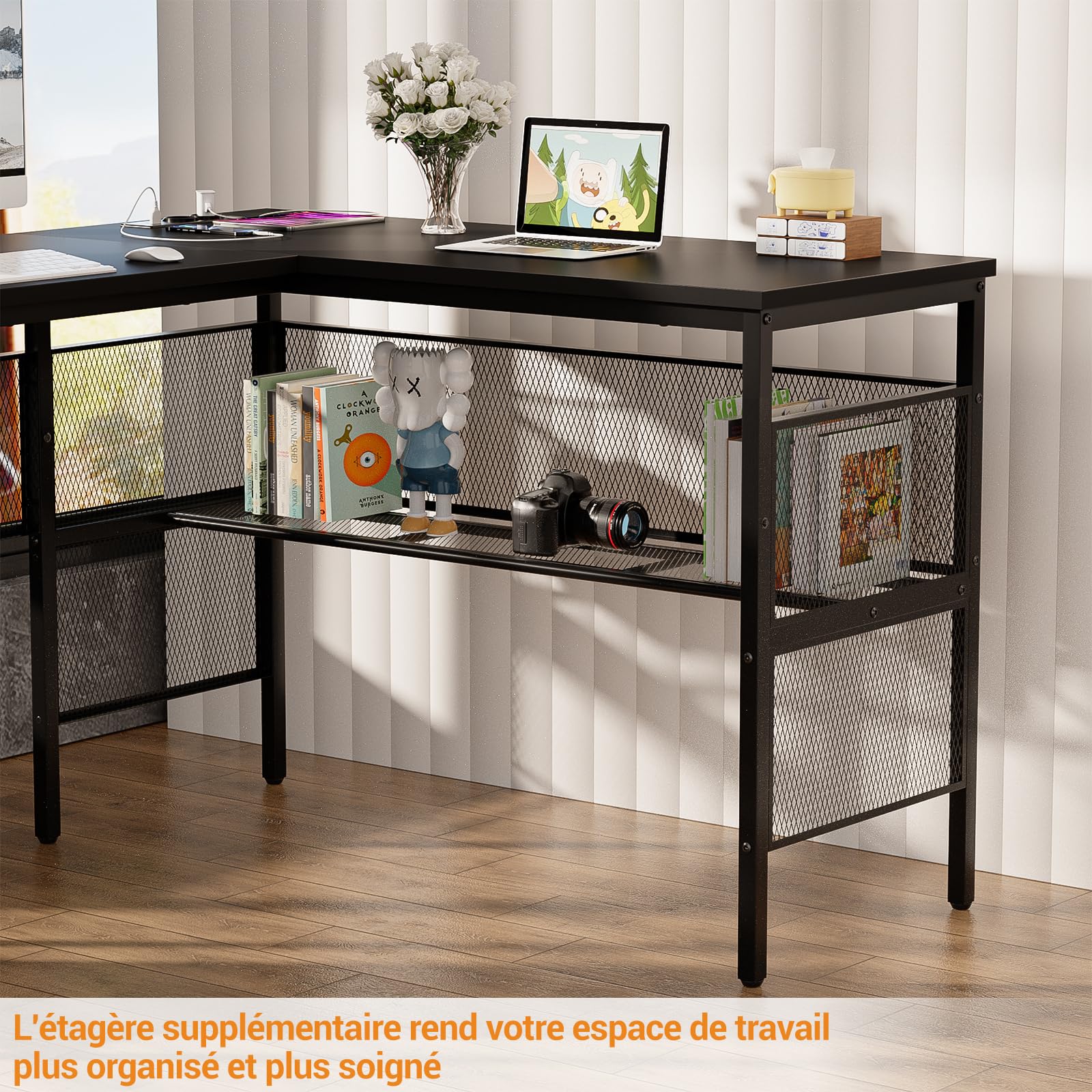 iSunirm Bureau Gaming en Forme de L,141 x 117 x 76 cm Bureaux à Domicile avec LED et Prises,Bureau d’Angle avec Étagères Rangement pour Etudier Travailler Chambre Domicile,Noir