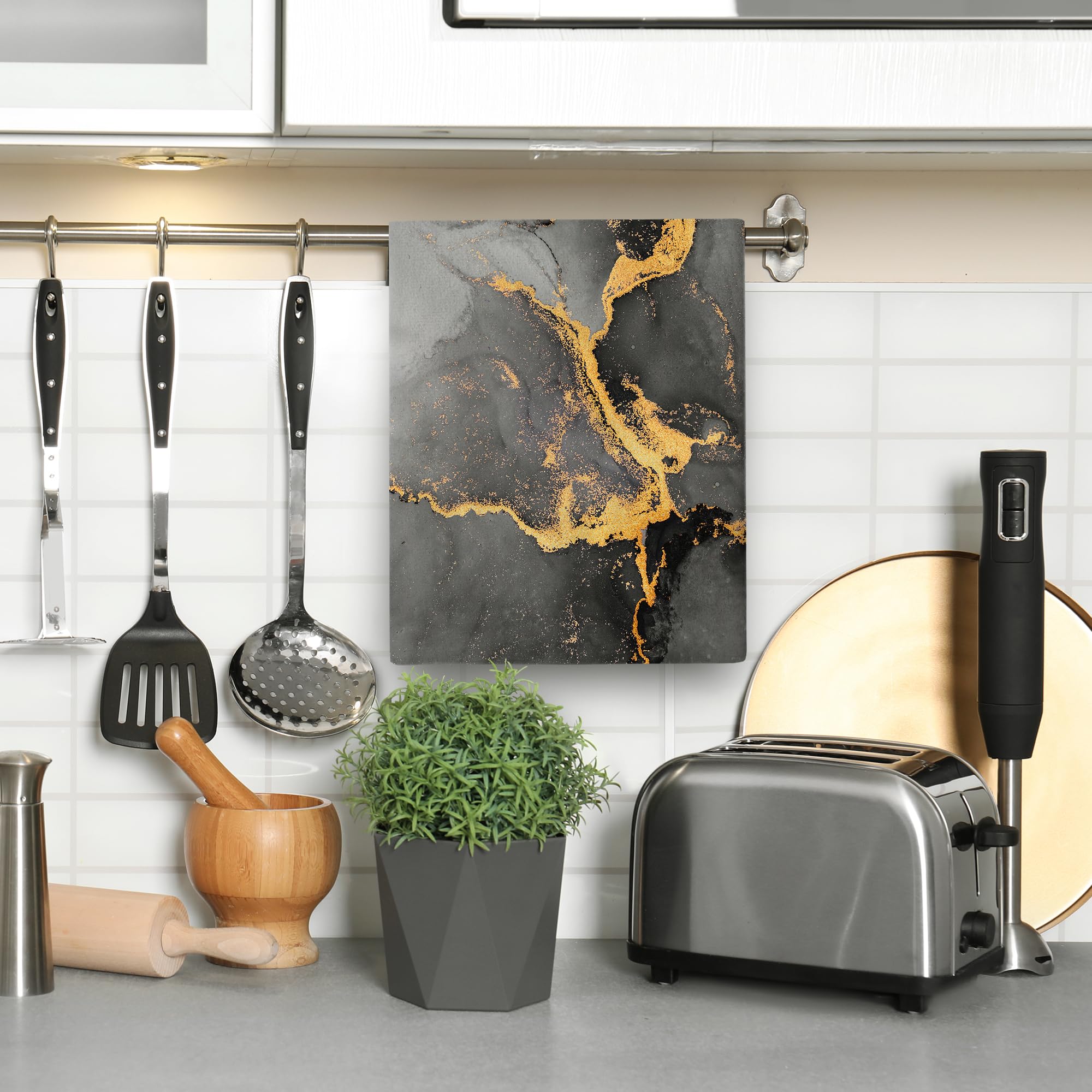 Set 2 Strofinacci Da Cucina In Marmo Nero/grigio/oro - 40x61 Cm, Anello Per Appendere, Lavabili