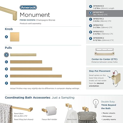 Miniatura 4 de Amerock  Mango de gabinete  Bronce champán  3 pulgadas (2.992 in) de centro a centro  Monumento  Paquete de 2  Jaladera de cajón  Asa de cajón