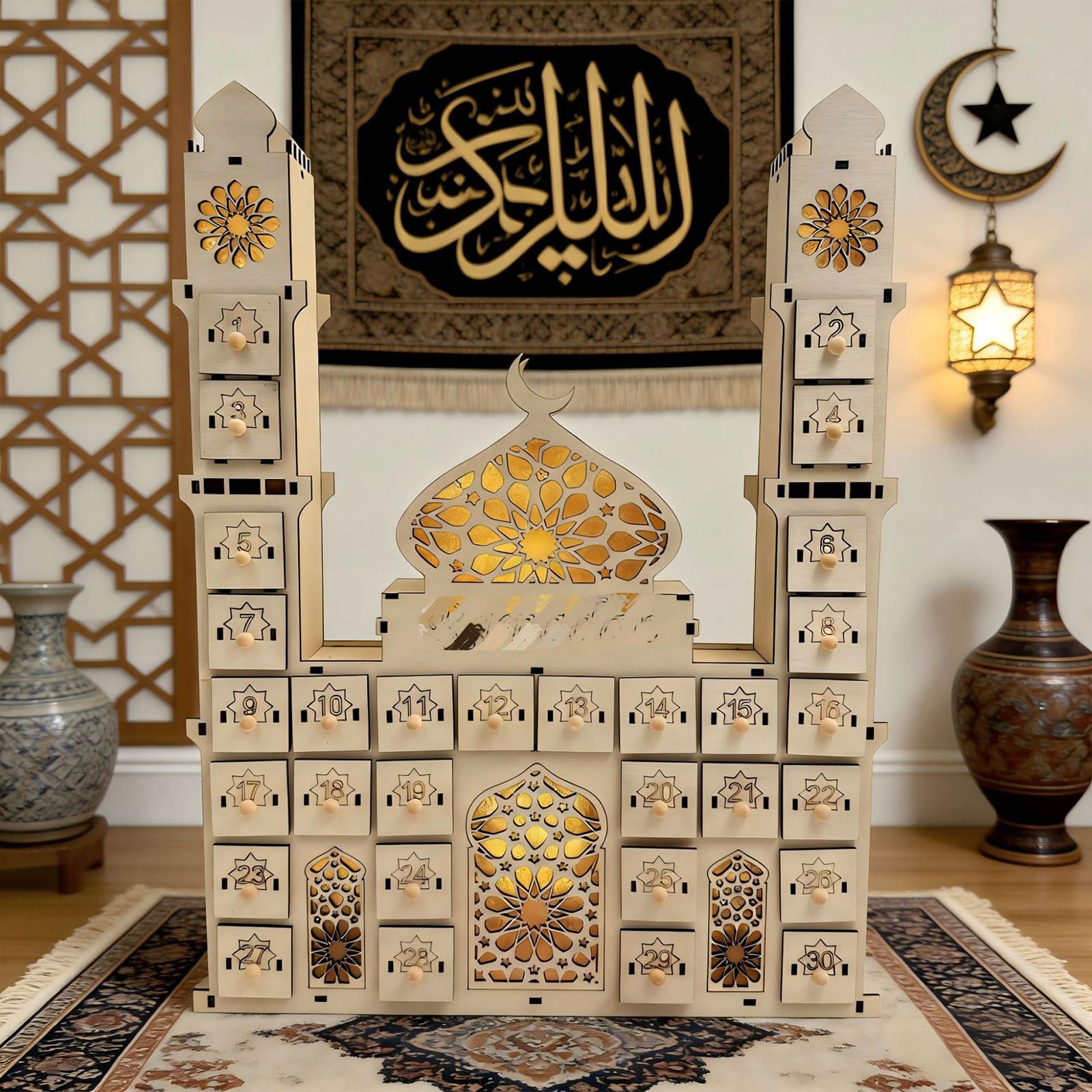 ordinarYone Calendario per conto alla rovescia dei castelli del Ramadan, con luce a LED e 30 cassetti, in legno, decorazioni per l'avvento per feste islamiche