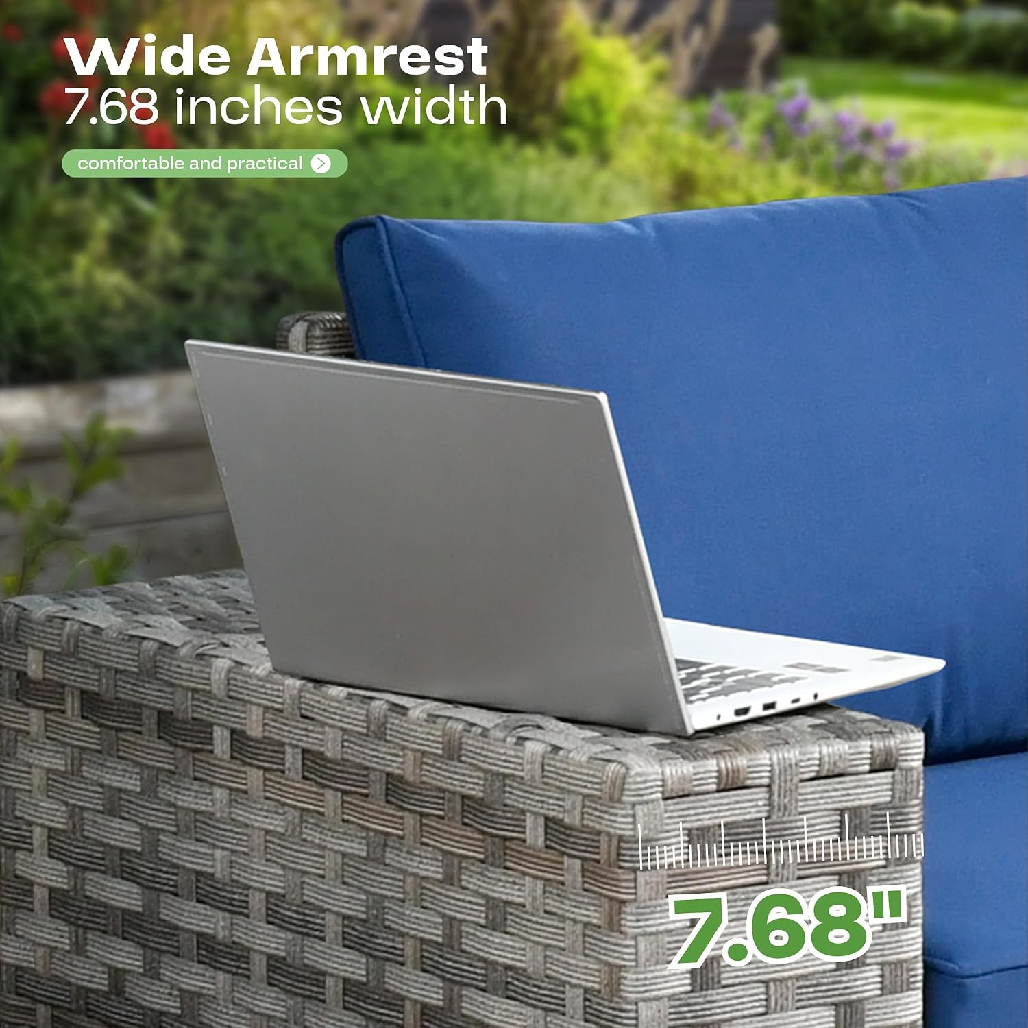 9 Pieces Widen Armrest Patio Coversation Set with Swivel Rocking Chair, Outdoor Furniture Modular Couch with Coffee Table, Rattan Wicker Sectional Sofa for Porch Balcony Backyard, Navy Blue