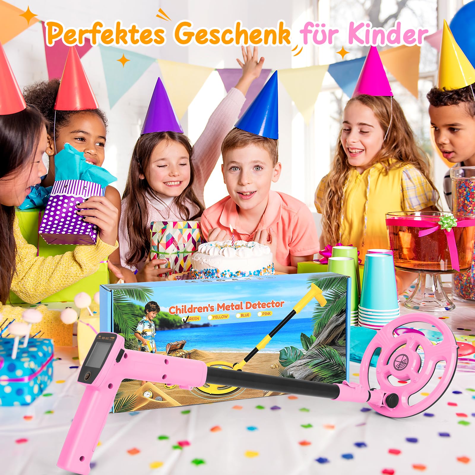 Metalldetektor Kinder USB-wiederaufladbar, Metalldetektor für Kinder, 7,36" wasserdichte Suchspule, 61-89cm Verstellbarer Griff mit LCD-Display, Strandschatzsuche Outdoor-Spielzeug für 8-12 (Rosa)