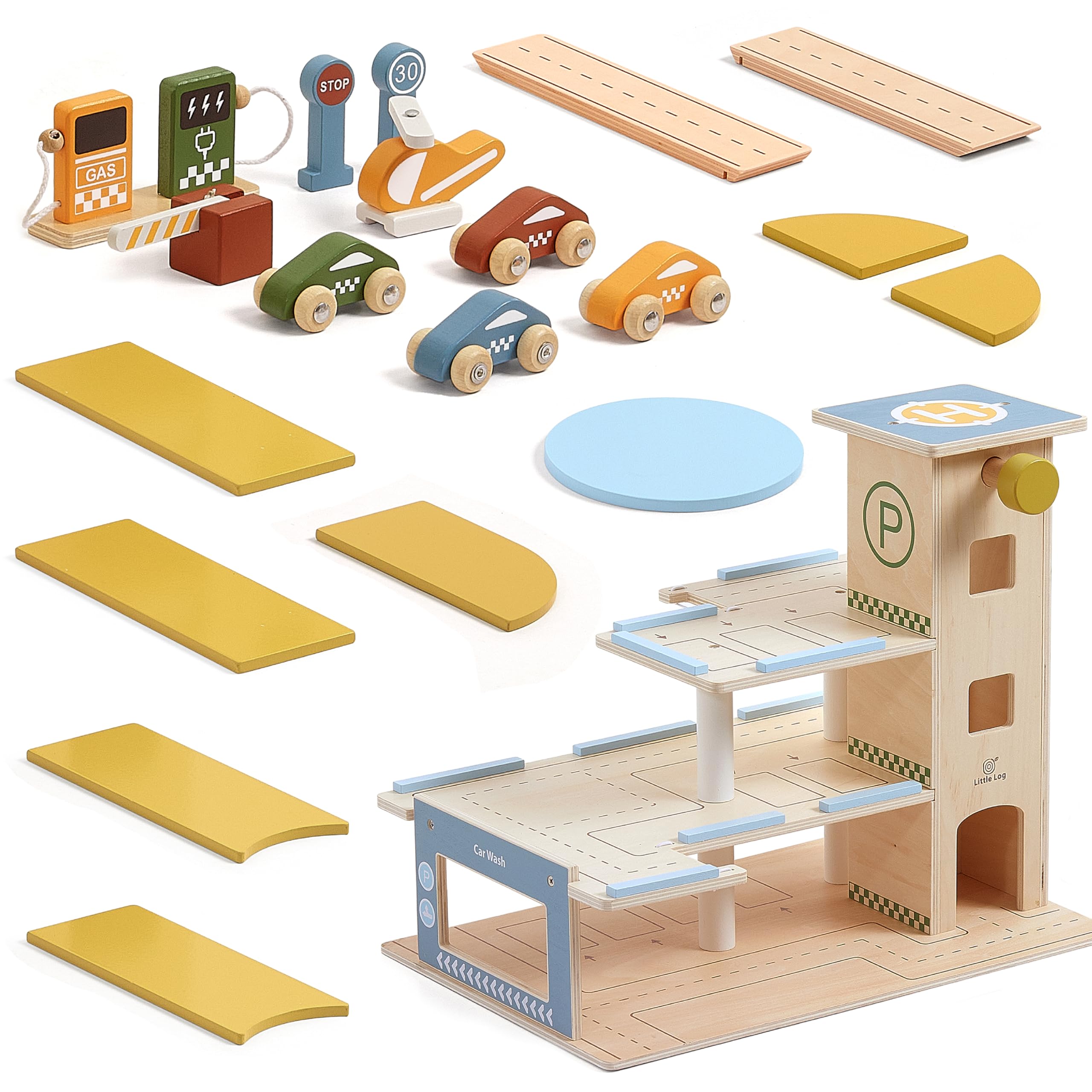 Little Log Garage di Parcheggio in Legno con Accessori per Lavaggio Auto Garage da Gioco con Ascensore Elicottero Set di Giocattoli di Garage in Legno 3 Piani con 21 Pezzi per Bambini e Bambine dai 3