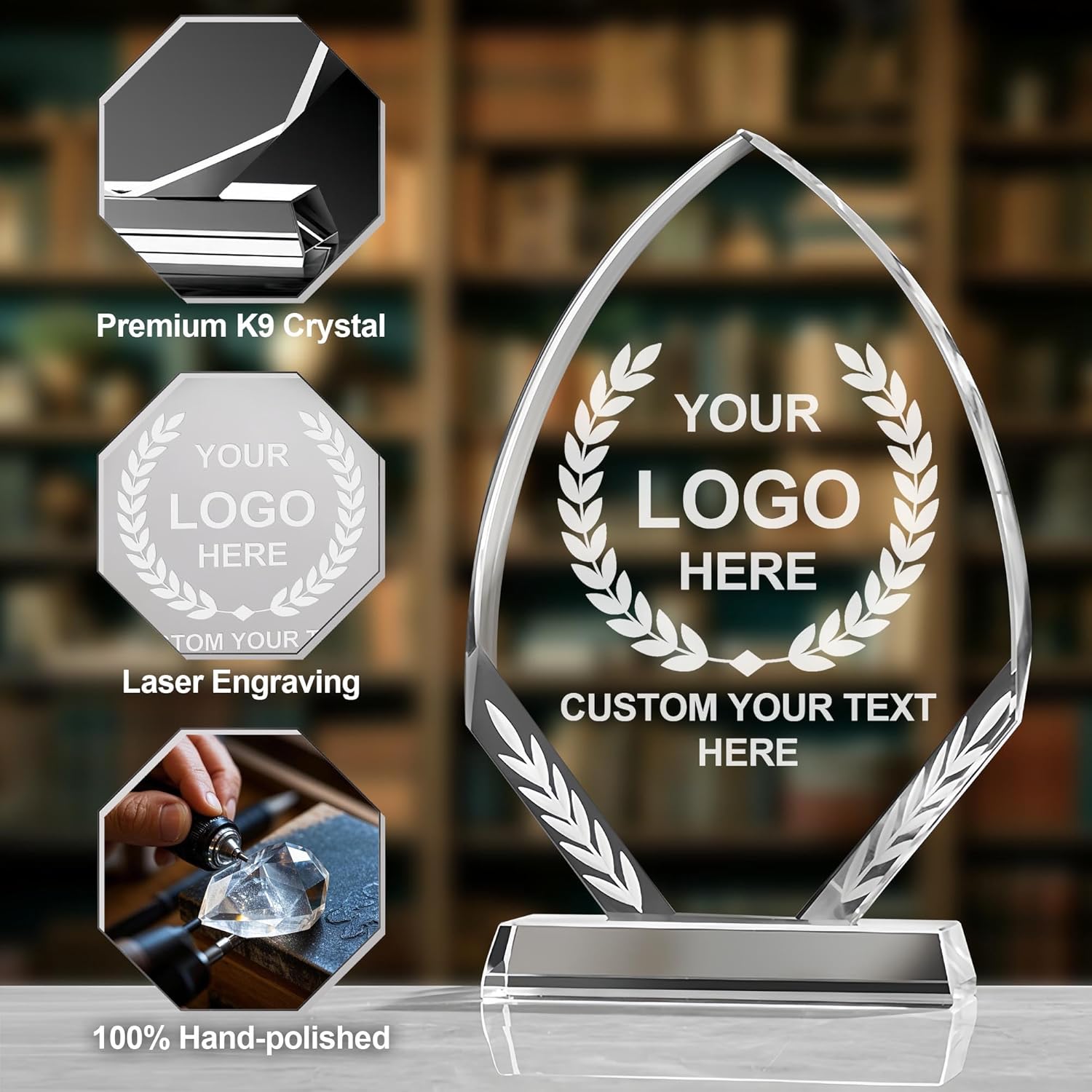 9.25 x 5.9” Custom Crystal Trophy Award, Customized Engraved Crystal Award Plaque with Your Logo/Emblem/Text, Personalized Awards and Trophies for Sports, Corporate Events, Games Nights