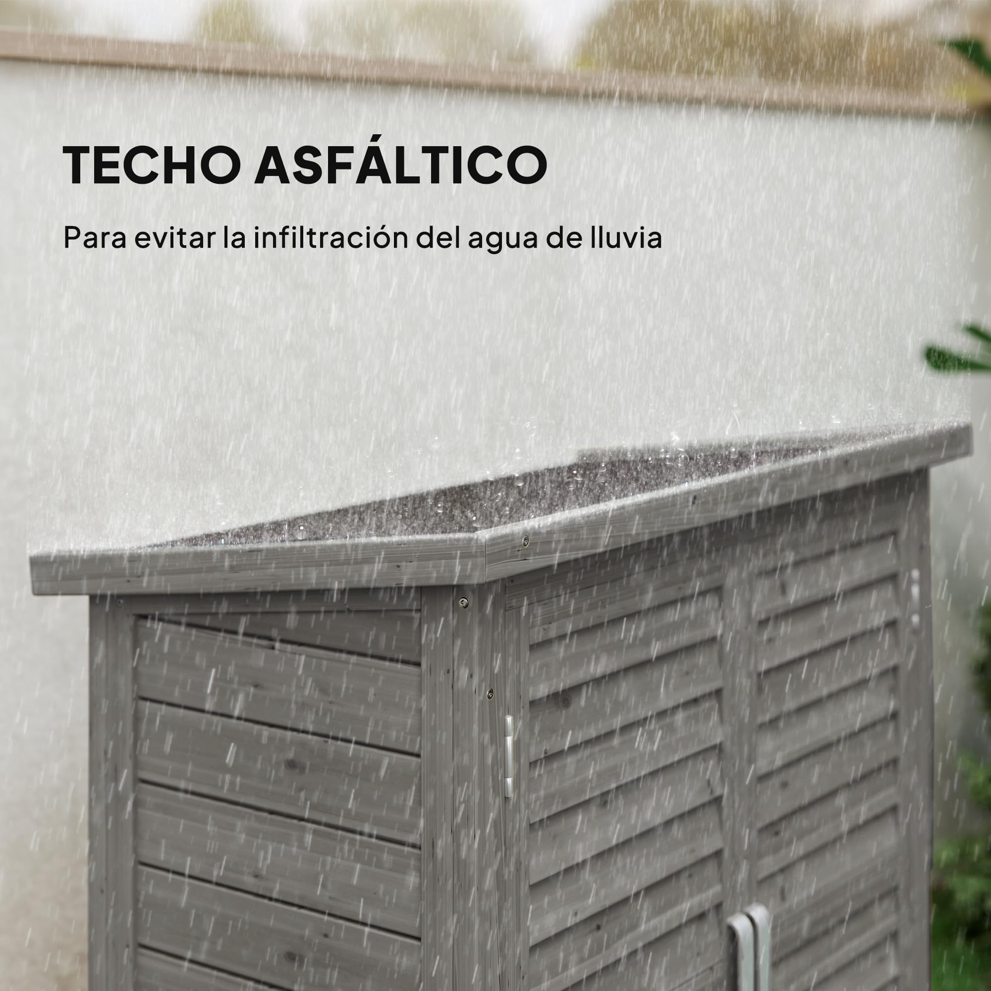 Outsunny Cobertizo de Almacenamiento de Madera para Jardín con 2 Estantes Interiores 2 Puertas y Techo Inclinado para Exterior Terreza 87x46,5x96,5 cm Gris