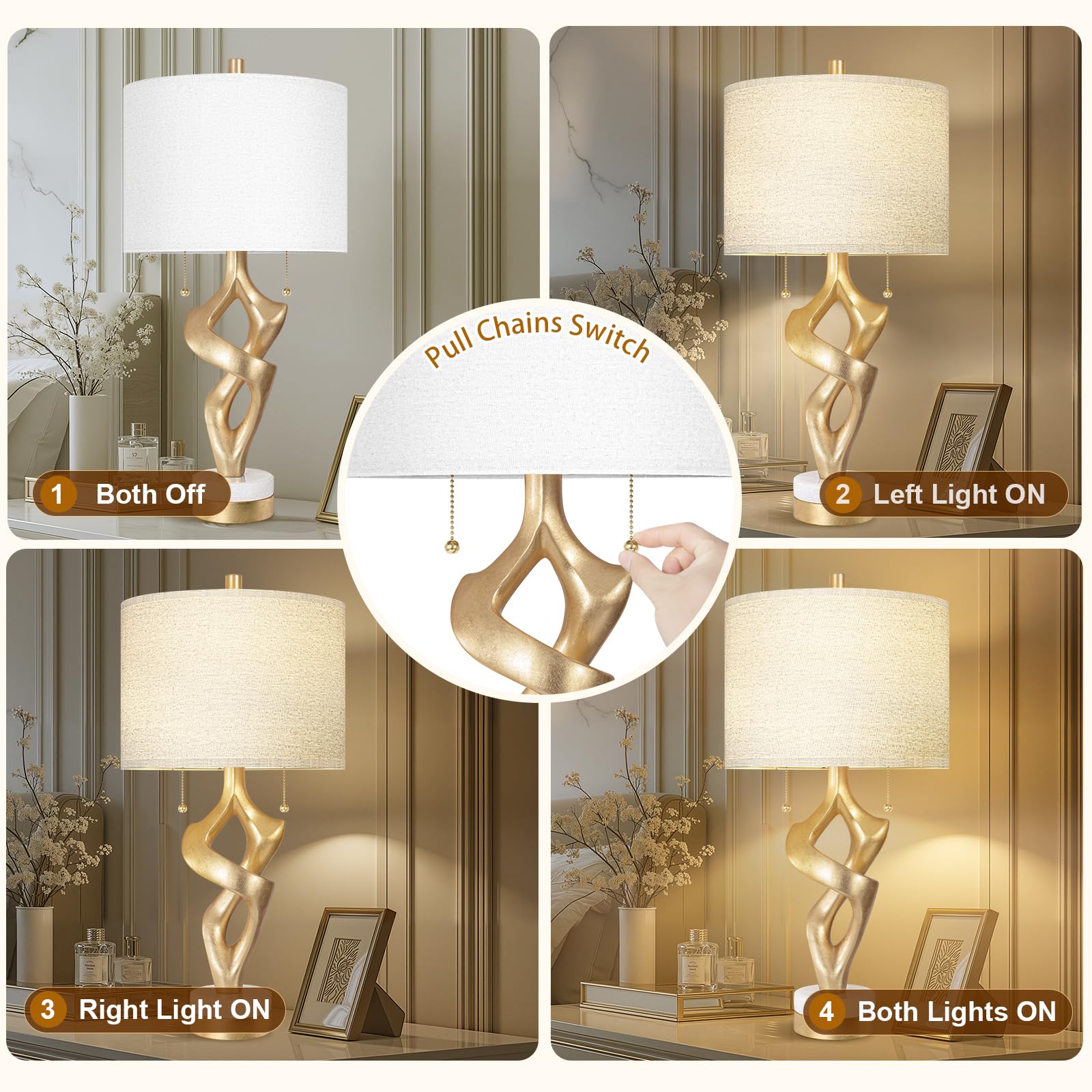 Scenekoy Set di 2 lampade da tavolo scultoree con porte USB per camera da letto soggiorno 66 pollici foglia oro base marmo lampade da comodino interruttore catena moderno per
