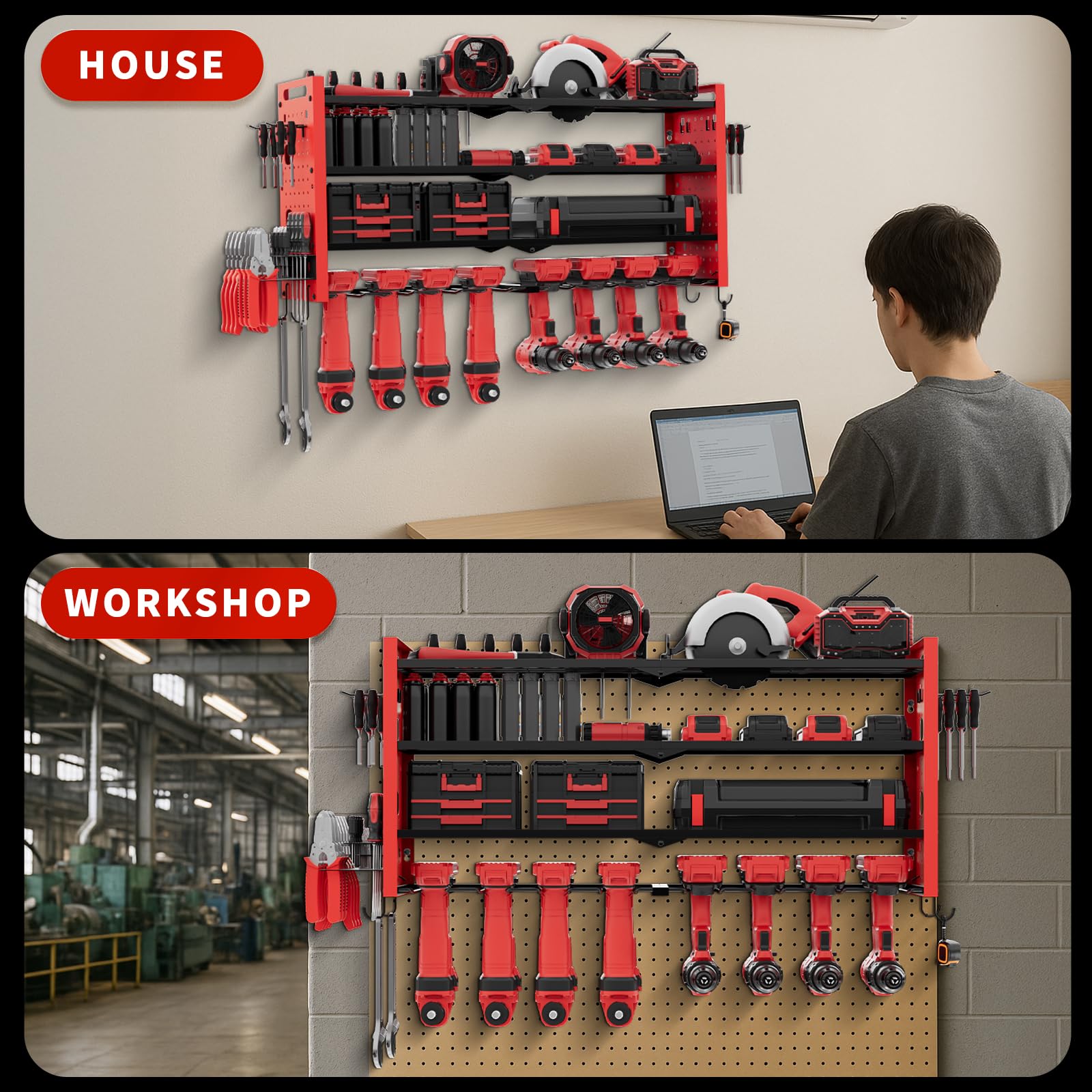 Support mural pour outils à 3 niveaux - Pour 8 outils électriques - Parfait pour les garages et les ateliers (81 x 42 x 20 cm)