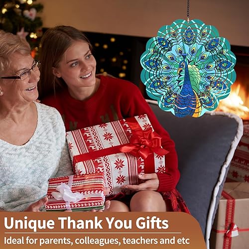 Miniatura 2 de Molinillos de viento de metal de pavo real, regalos para mujeres, mamá, abuela, esposa, hilandero de viento colgante para decoración de exteriores e