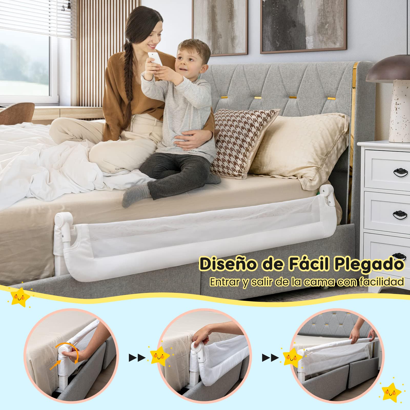 RELAX4LIFE Barrera Seguridad Niños Cama Plegable 105/120/150cm, Barandilla Cama Niño Abatible de Metal y Tela Oxford con Malla Transpirable para Camas Individuales y Dobles (Blanco, 150x40x42cm)