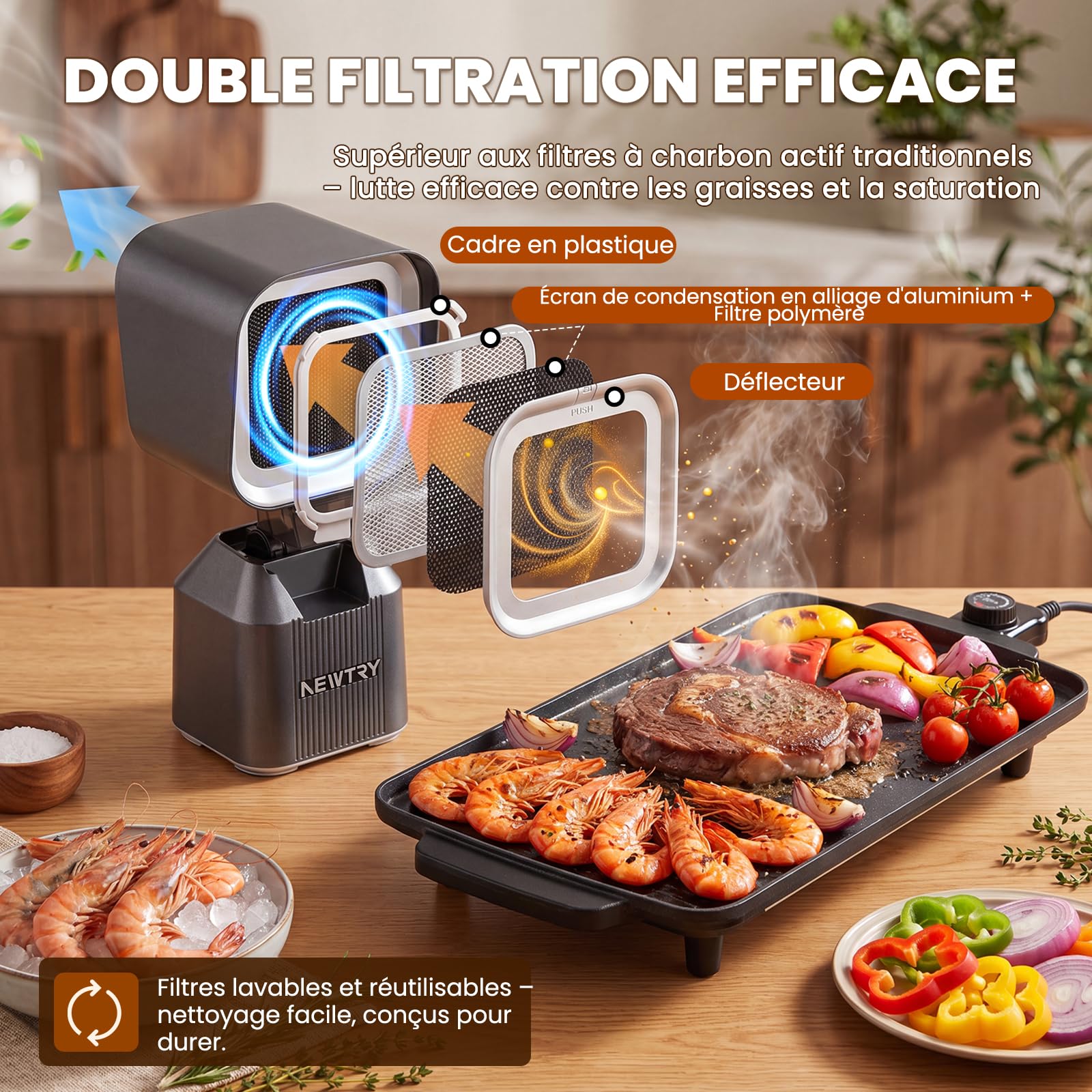 NEWTRY Hotte aspirante mini portable 2 filtres 3600 RPM forte aspiration | Portable, filtres lavables, puissant, polyvalent pour barbecue, camping-car, facile à nettoyer, design compact, durable