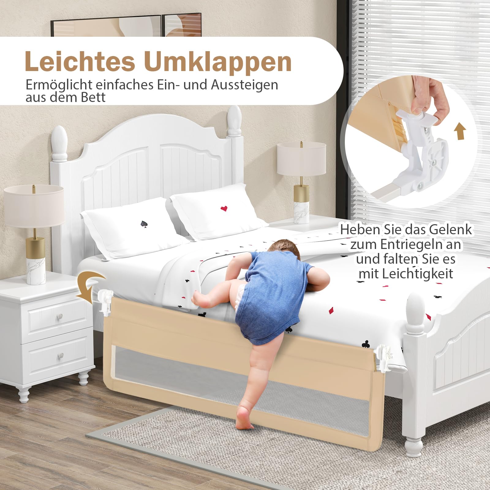 COSTWAY Bettgitter klappbar, 180 cm Lange Bettschutzgitter mit Sicherheitsgurten, Rausfallschutz 180° Faltbar Boxspringbett für Baby & Kleinkinder (Beige)