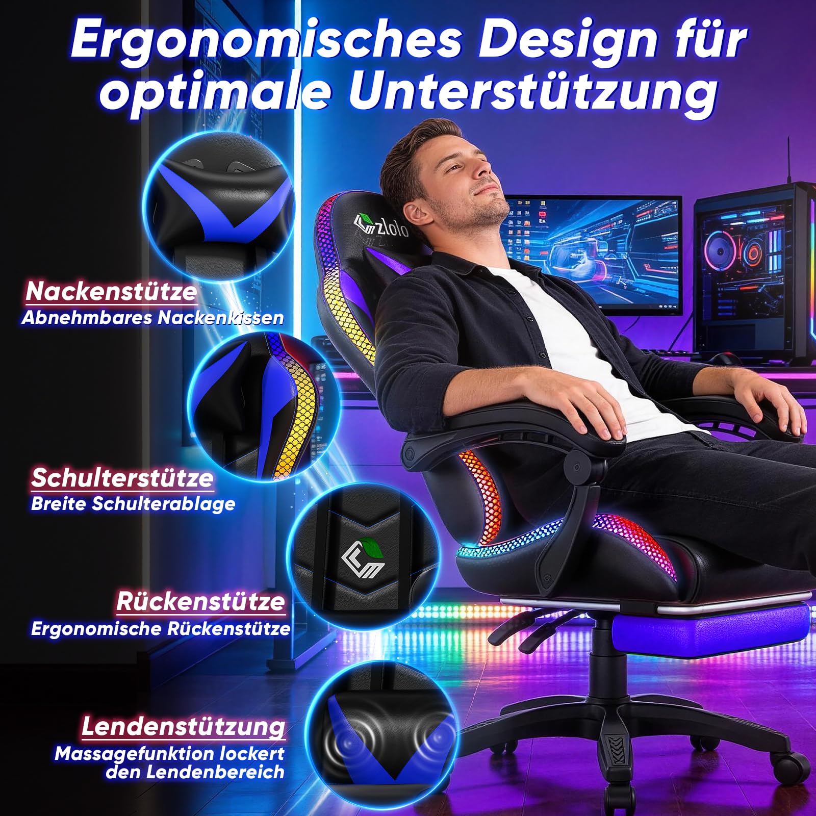 Czlolo Gaming Stuhl, RGB LED-Licht Gaming Sessel mit Fußstützen, Ergonomische Bürostuhl, Gaming PC Chair für Erwachsene und Kinder, Computer Stuhl mit Kopfstütze und Massge, Höhenverstellbar, Blau