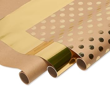 American Greetings Vintage Kraft and Gold Wrapping Paper for Christmas, Birthdays, Weddings or Any Occasions 75 sq. ft., 3 Rolls-30 in. x 10 ft. Metallic Gold and Brown Kraft Gift Wrap