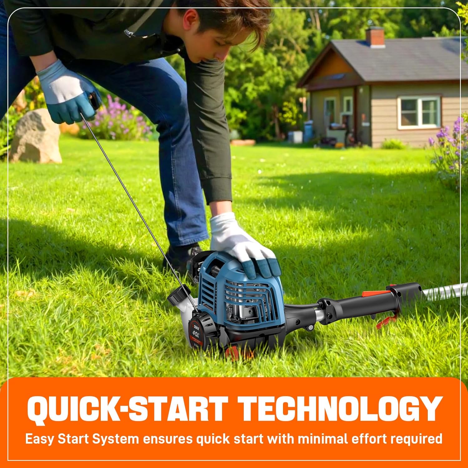 Person starting SENIX GTC4QL-L String Trimmer with quick-start technology