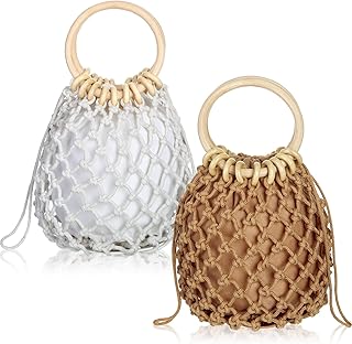 2 Pcs Women Mini Clutch Tote Handbag Top Handle Bucket Drawstring Handbag 2 in 1 Round Handle Woven Bag Woven Handbag Beach Handmade Fishing Net Bag Pouch Purse, 7.5 x 9.4 Inches