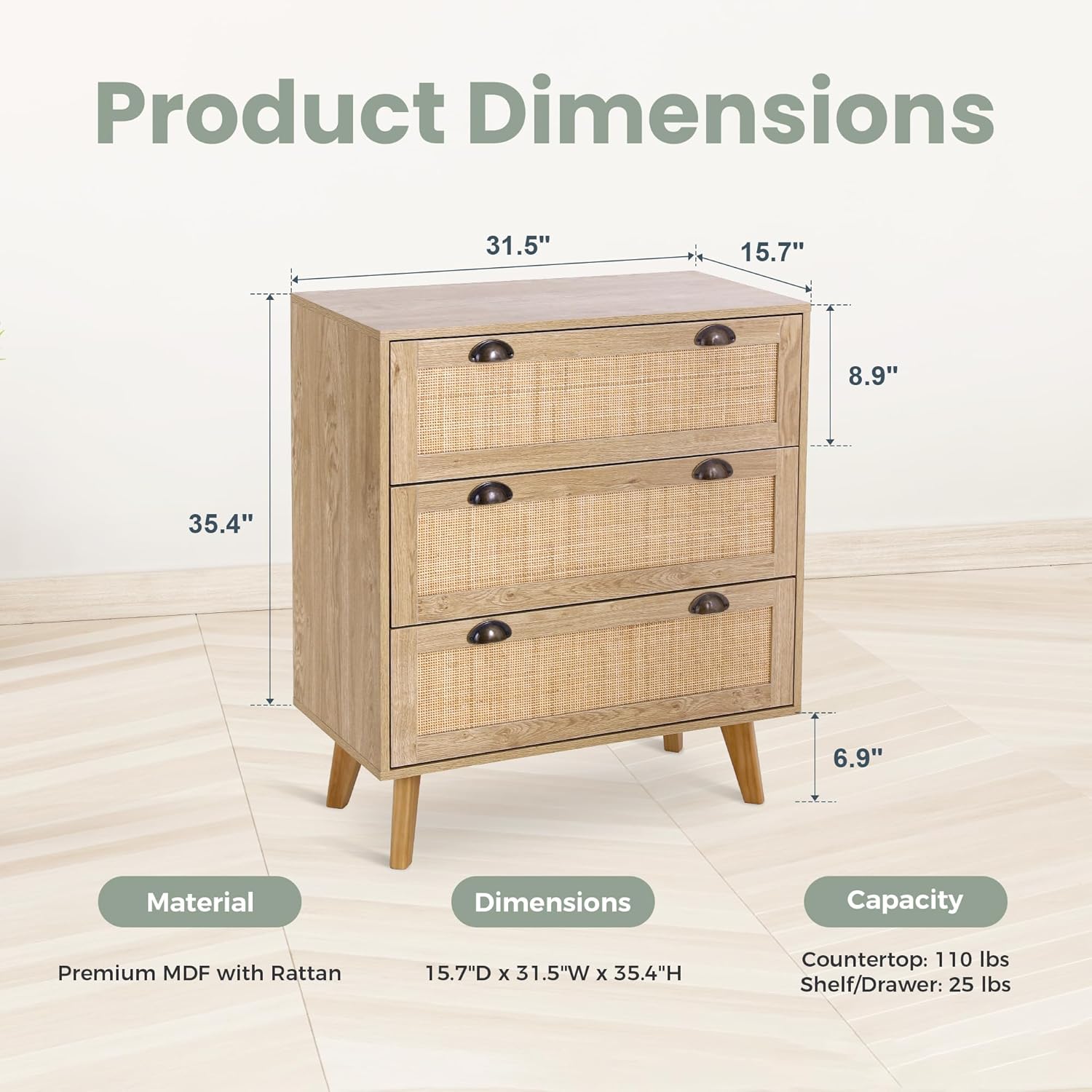 PHI VILLA Rattan 3 Drawer Dresser - Boho Nightstand