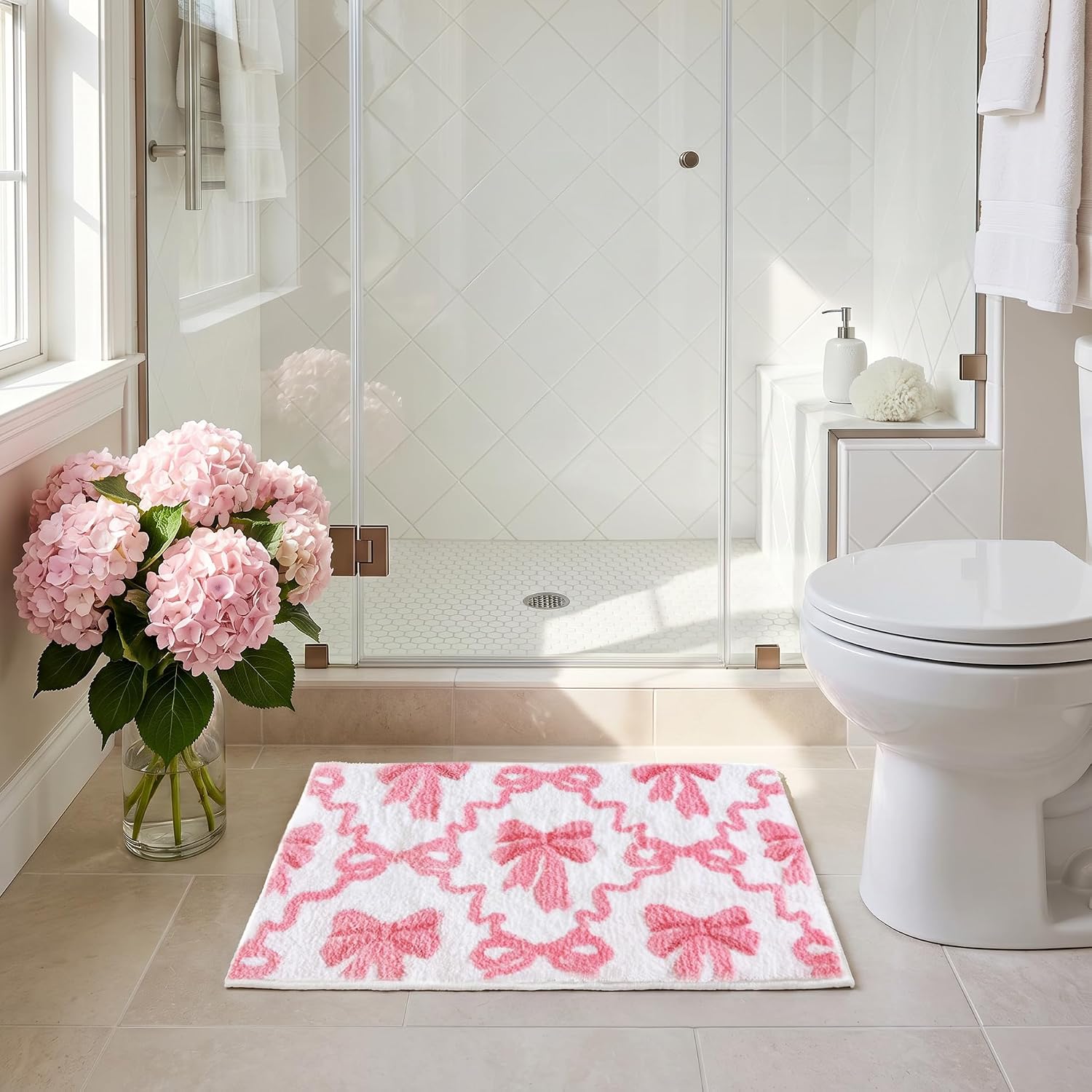 Lindameler Pink Bow Bathroom Rugs Coquette Cute Bath Mat Non Slip Absorbent Bow Bath Mat Washable 16 X 24 inch Bathroom Mats for Front Door, Bedroom, Living Home Decor