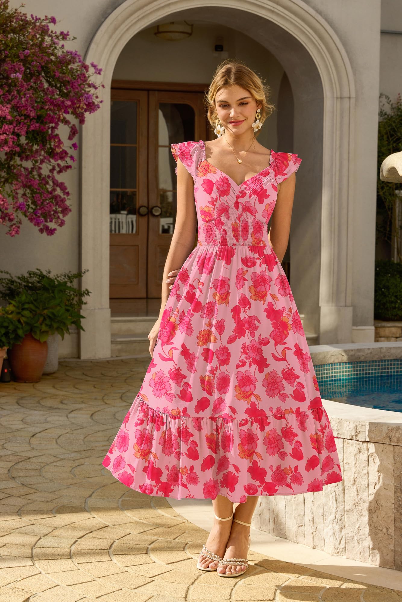 GRACE KARIN Abito estivo da donna con tasche, linea ad A, con motivo floreale, leggero | Abito in chiffon, maxi abito con fiori, abito da donna, elegante e festivo, maniche a volant, scollo a V, foderato, tasche