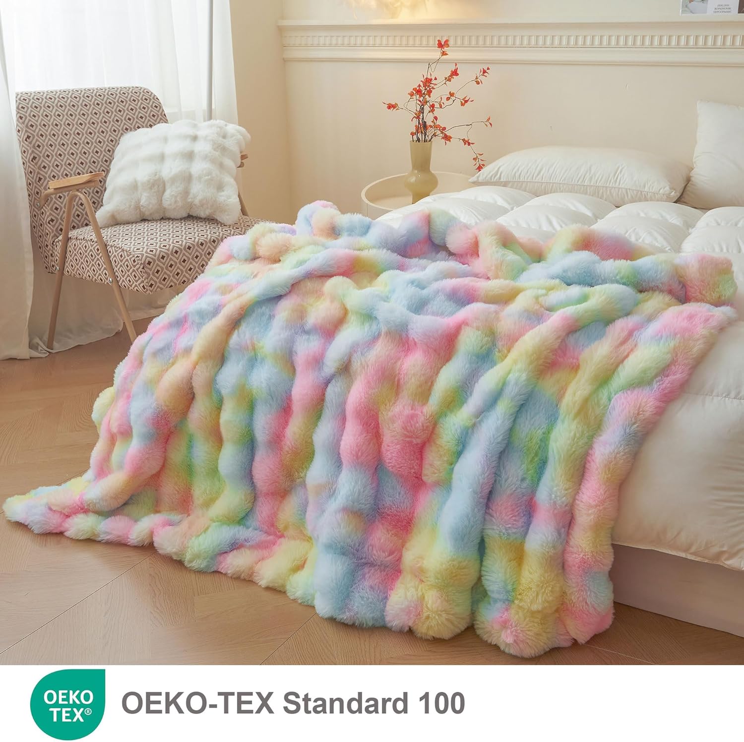 LIFEREVO Fluffy Faux Rabbit Fur Bubble Blanket, Tie Dye Plush Shaggy Throw Couch Sofa, Cozy Comfy Furry Big Bed Blanket Adults Kids Girls, Aesthetic Fuzzy Throw for Bedroom Living Room, 60x90, Rainbow - Image 2