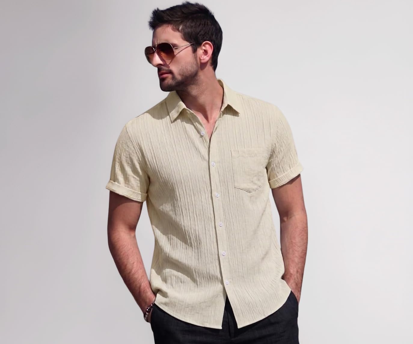 Men's Textured Casual Shirt | Short Sleeve Button Down Shirt for Man | Lightweight Summer Beach Shirt with Chest Pocket | Shirts Utility for Travel and Holiday Wear (5182)
