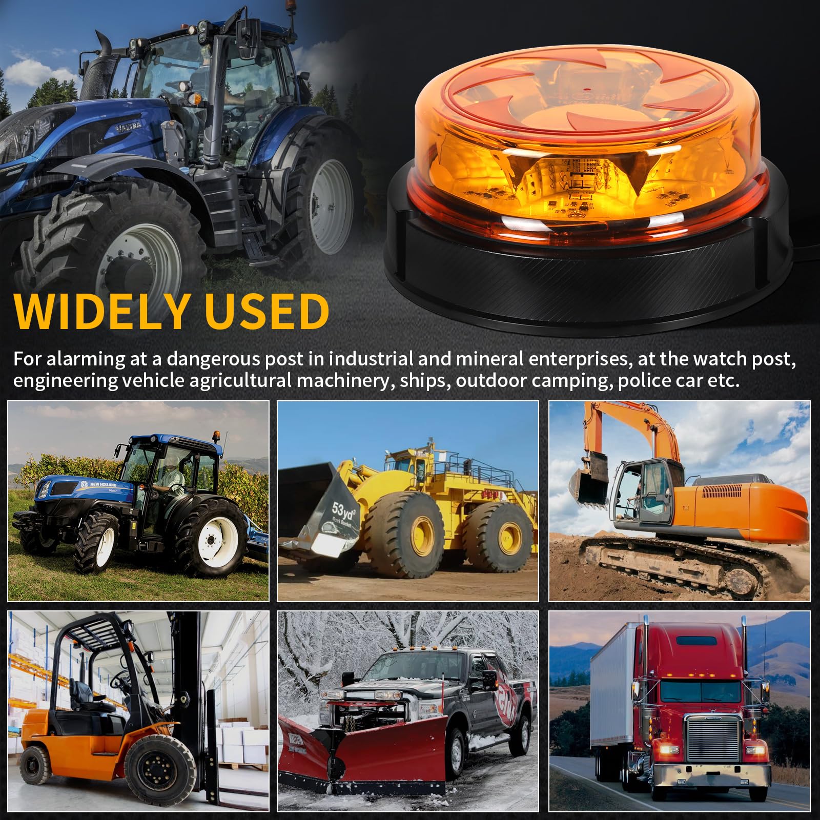 LED Bursztynowe światło ostrzegawcze, 16 diod LED 12/24 V Pomarańczowa lampa migająca 3 lampy błyskowe i 3 wzory obrotowe do maszyn rolniczych, pojazdów użytkowych, ciągników koparek