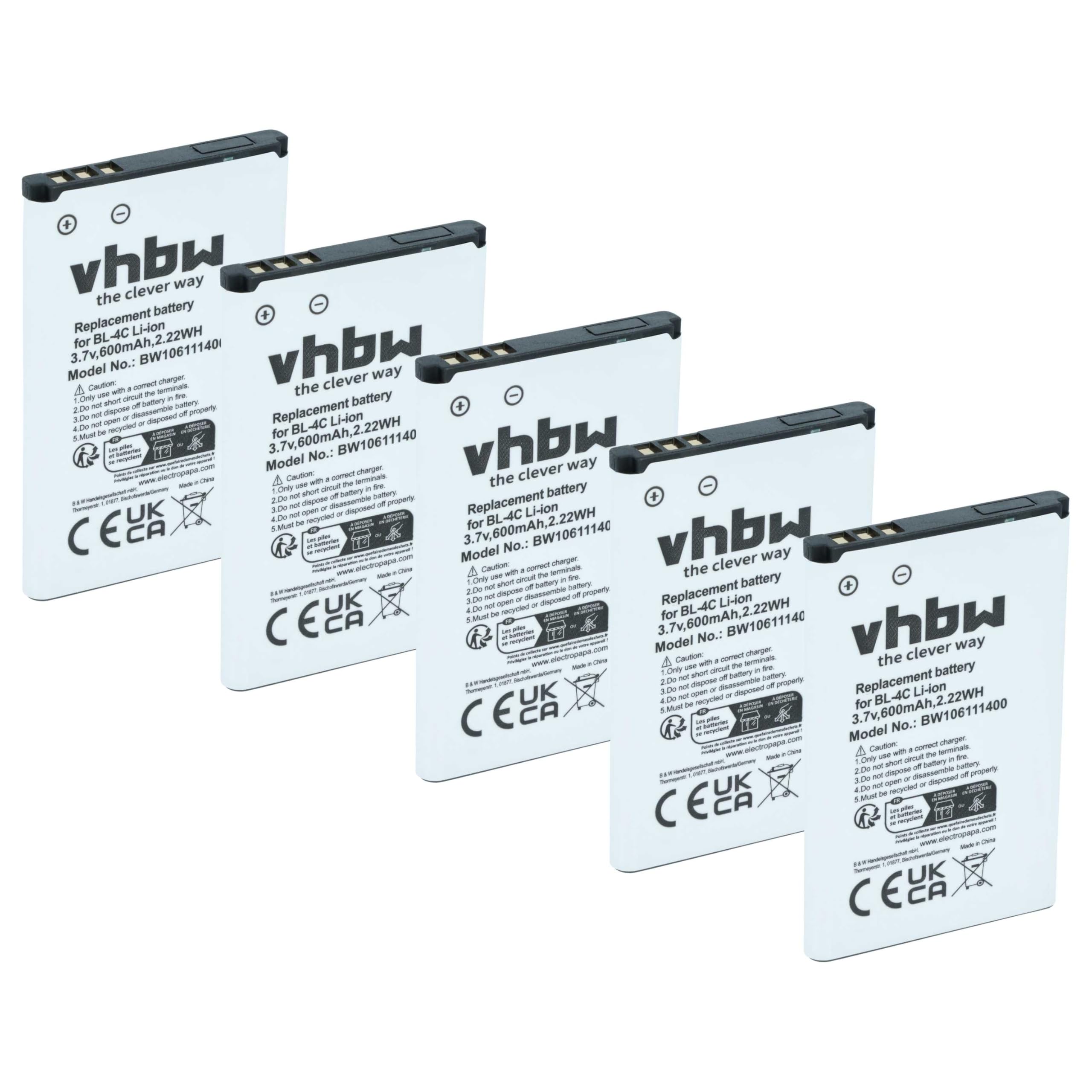 vhbw 5x batteria compatibile con Brondi Fox, President, Window smartphone cellulare (600mAh, 3,7V, Li-Ion)
