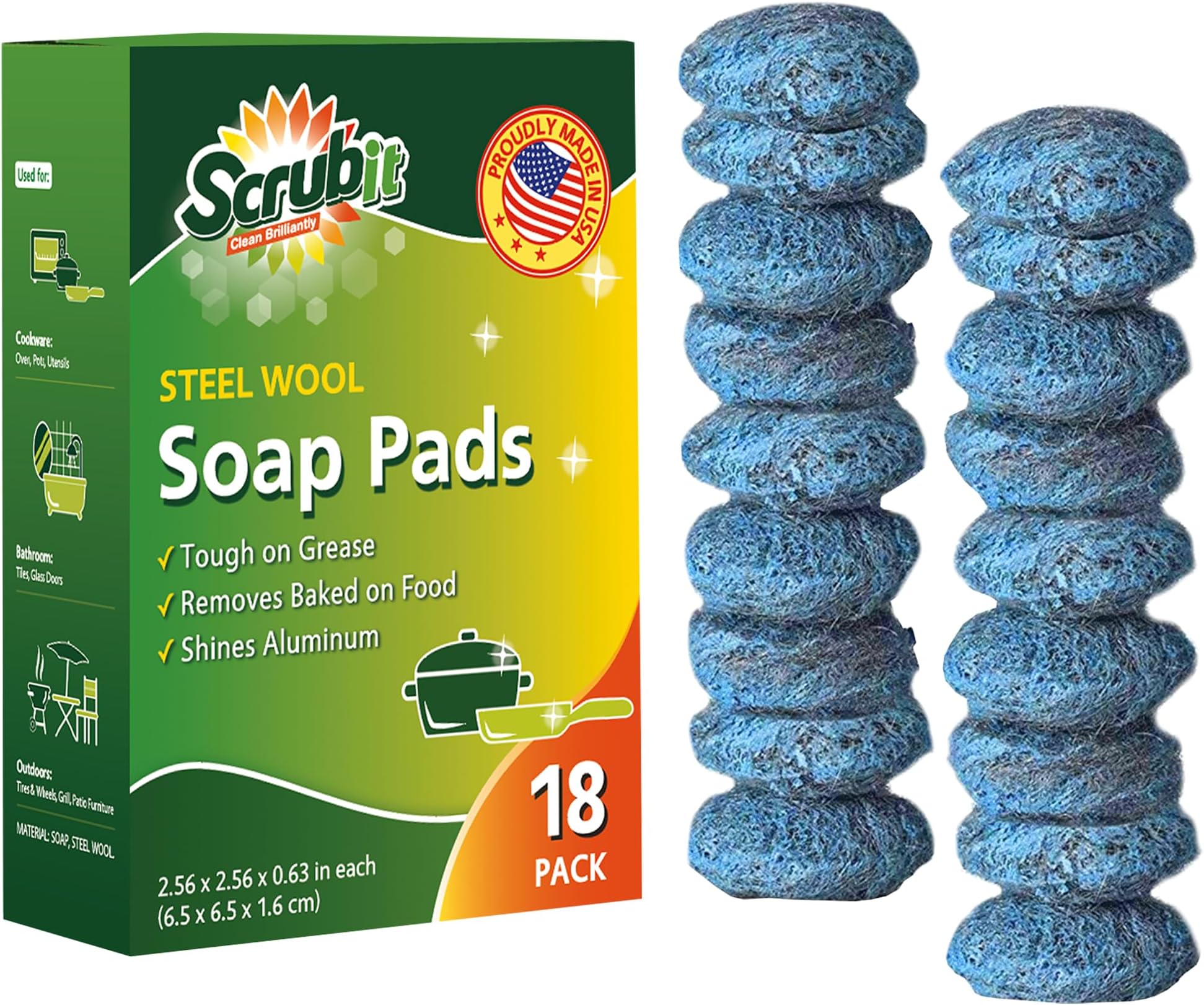 18 Pack Steel Wool Soap Pads by SCRUBIT - Metal Scouring Cooktop Cleaning Pads Used for Dishes, Pots, Pans, and Ovens - Pre-Soaped for Easy Cleaning of Tough Kitchen Grease and Oil