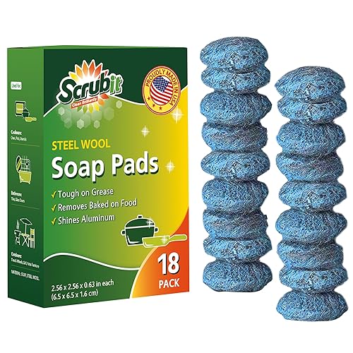 SCRUBIT - Paquete de 18 almohadillas de jabón de lana de acero  Almohadillas de limpieza de placas de cocina de metal utilizadas para platos ollas