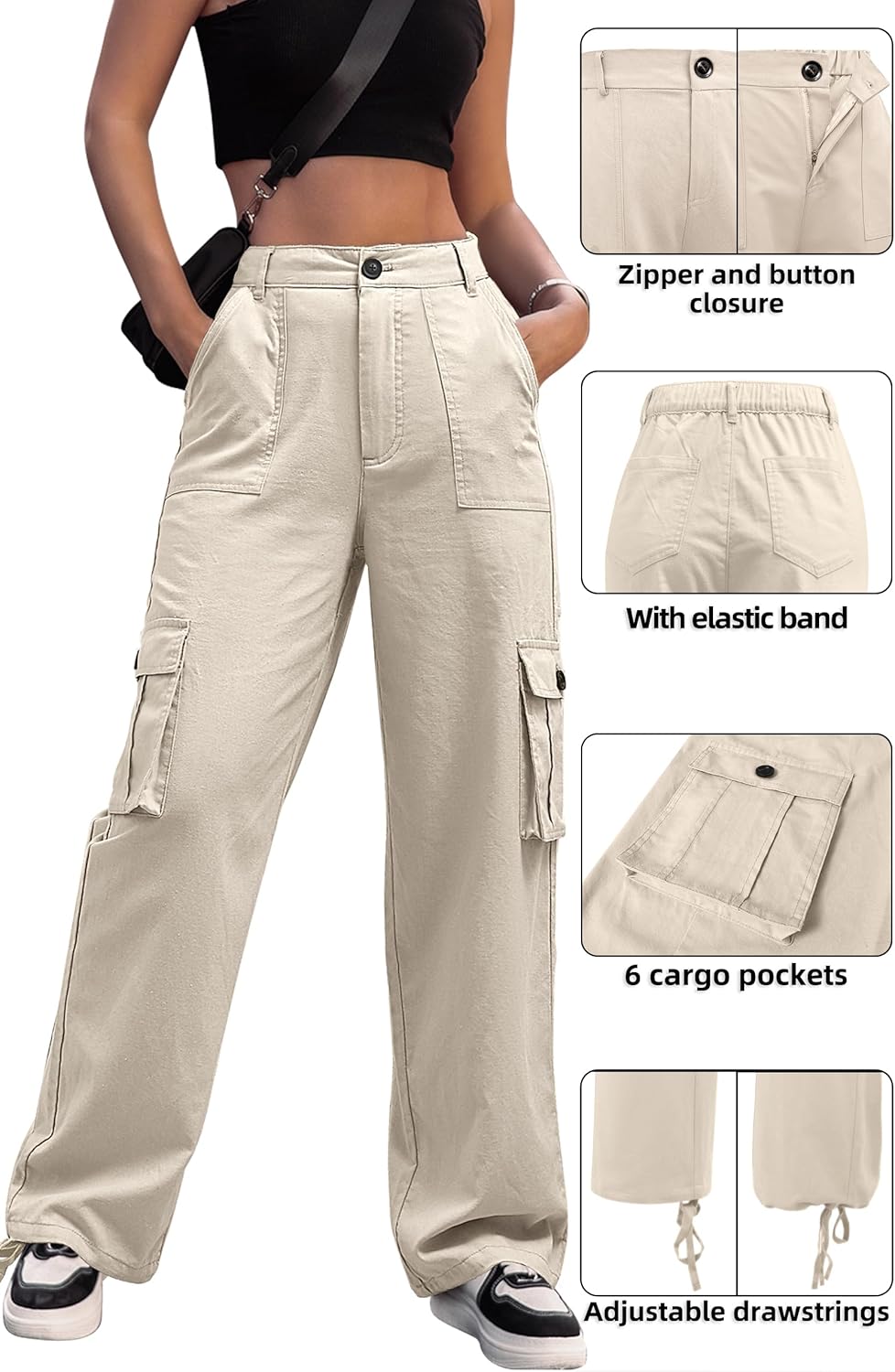 ZMPSIISA Women High Waisted Cargo Pants Wide Leg Casual Pants 6 Pockets Combat Military Trousers - Image 5
