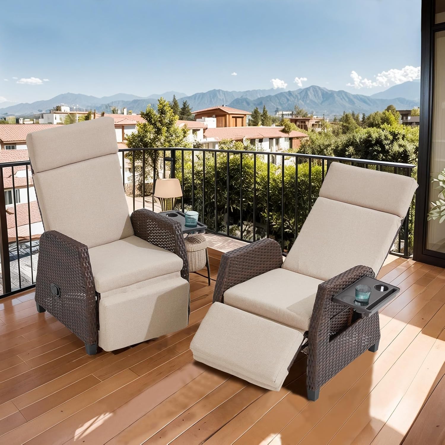 Outdoor Patio Recliner Chair, 180°Reclining Patio Chairs with Adjustable Backrest & Flip-Up Table, Rattan Reclining Lounge Chair, Wicker Balcony Recliner, Beige, 2PCS