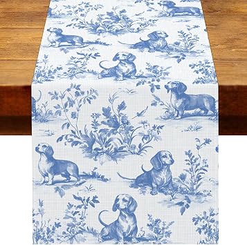 Chinoiserie Dachshund Table Runner Toile de Jouy Blue and White Sausage Wiener Dog Birthday Party Decoration Home Kitchen Dining Room Table Decor 13" x 72", Dachshund