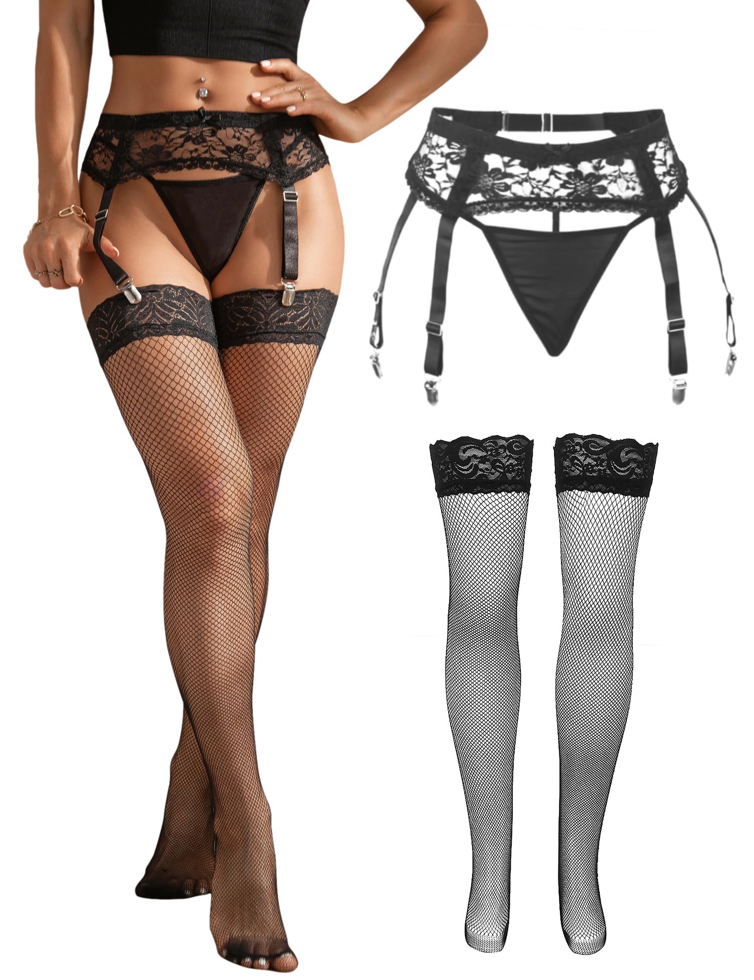 Women Floral Lace Garter Belt Set with 4 Straps Plus Size Suspender Belt