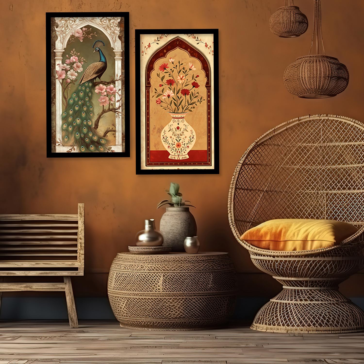 BANGERZ Painting For Wall Decoration - Madhubani Wall Painting for Living Room Bedroom Office Wall Decor (10inch x 19inch)(Pack of 4) (Artwork 4, Black Frame, Framed) 3
