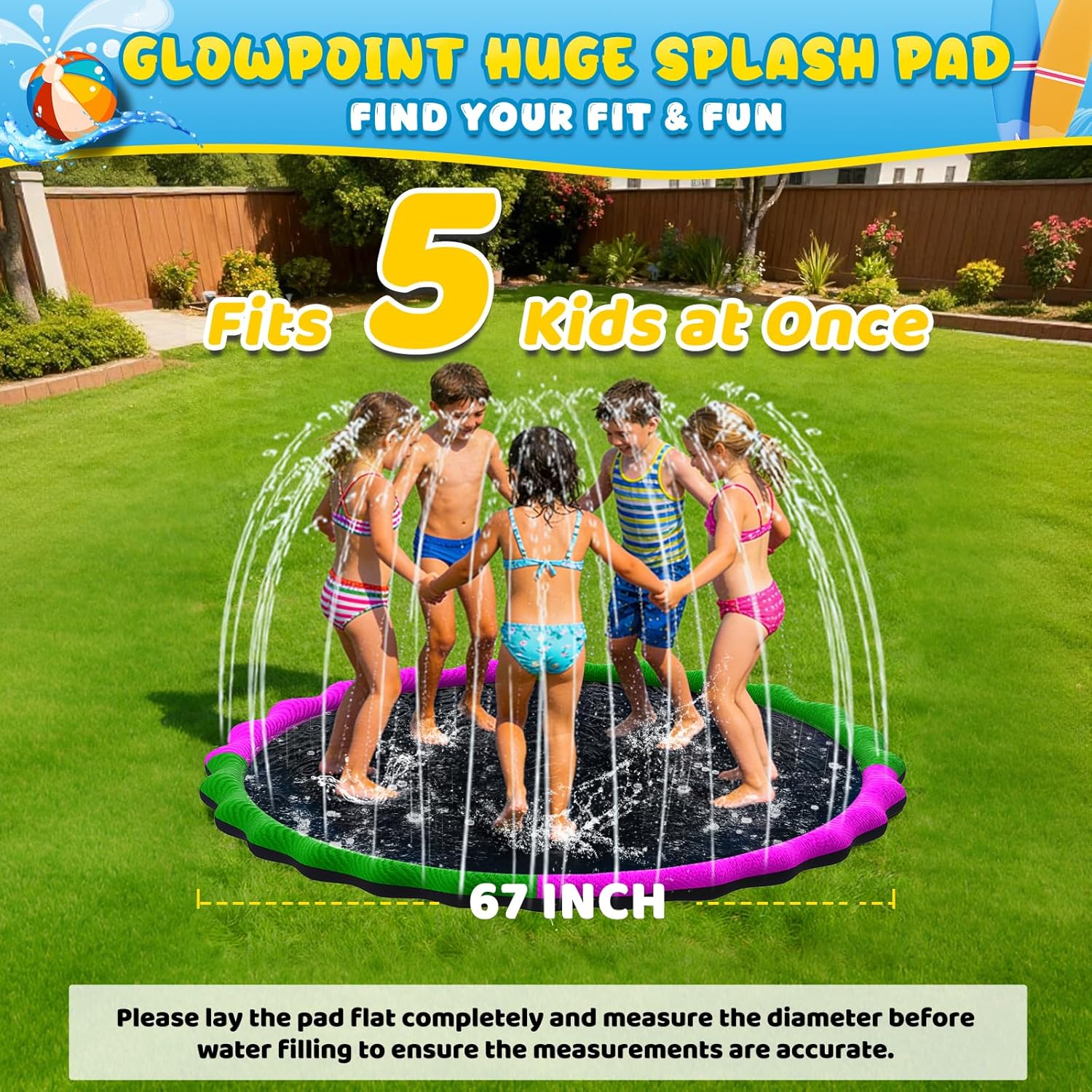 67” Non-Slip Splash Pad for Kids & Dogs, Round Outdoor Water Sprinkler Pad, 0.5mm Thickened Tear-Resistant PVC, Kids Water Toy & Dog Pool for Backyard Summer Fun