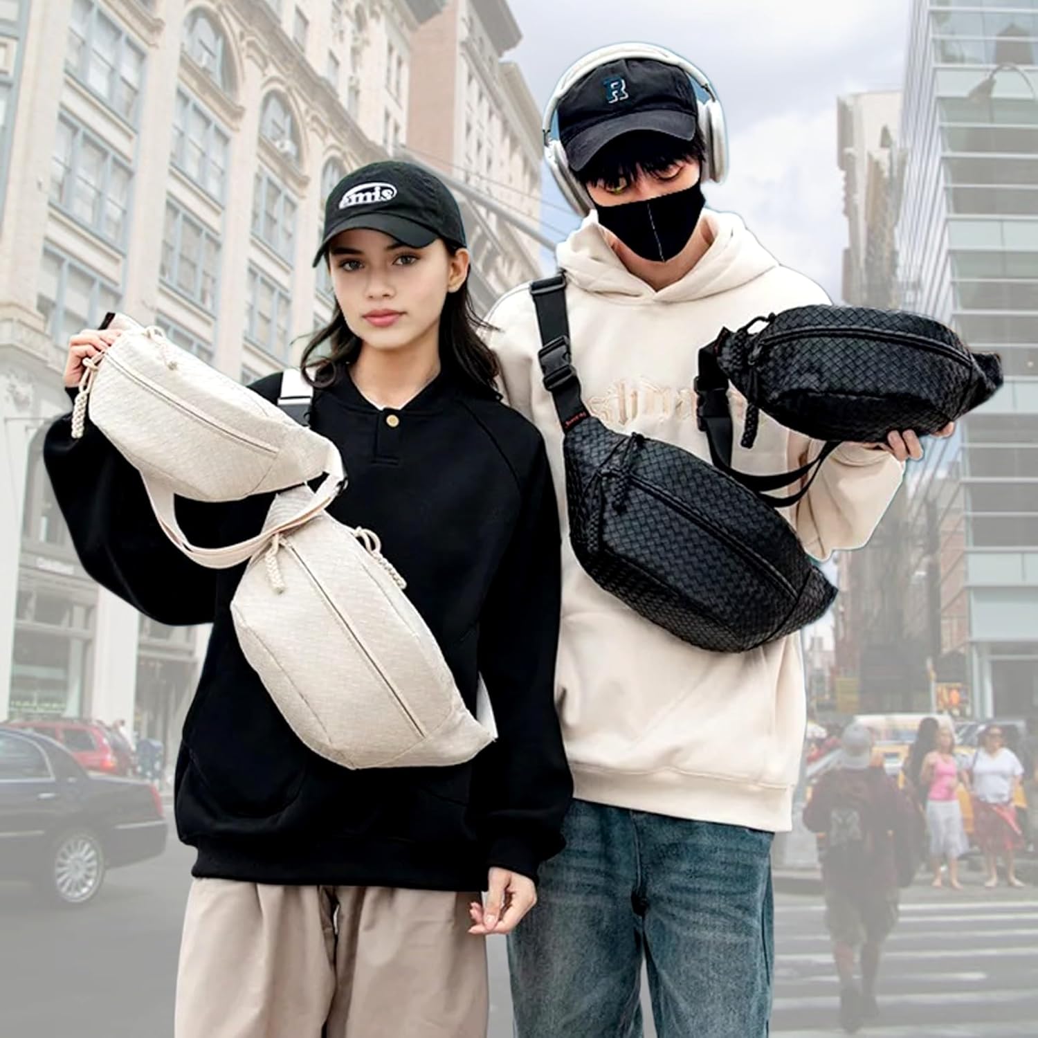 Woven PU Leather Fanny Packs for Men and Women, Stylish Shoulder Sling Crossbody Purse Adjustable Strap, Unisex Bum Waist Bags for Festival Travel Shopping Outdoor (White, Medium) - Image 3