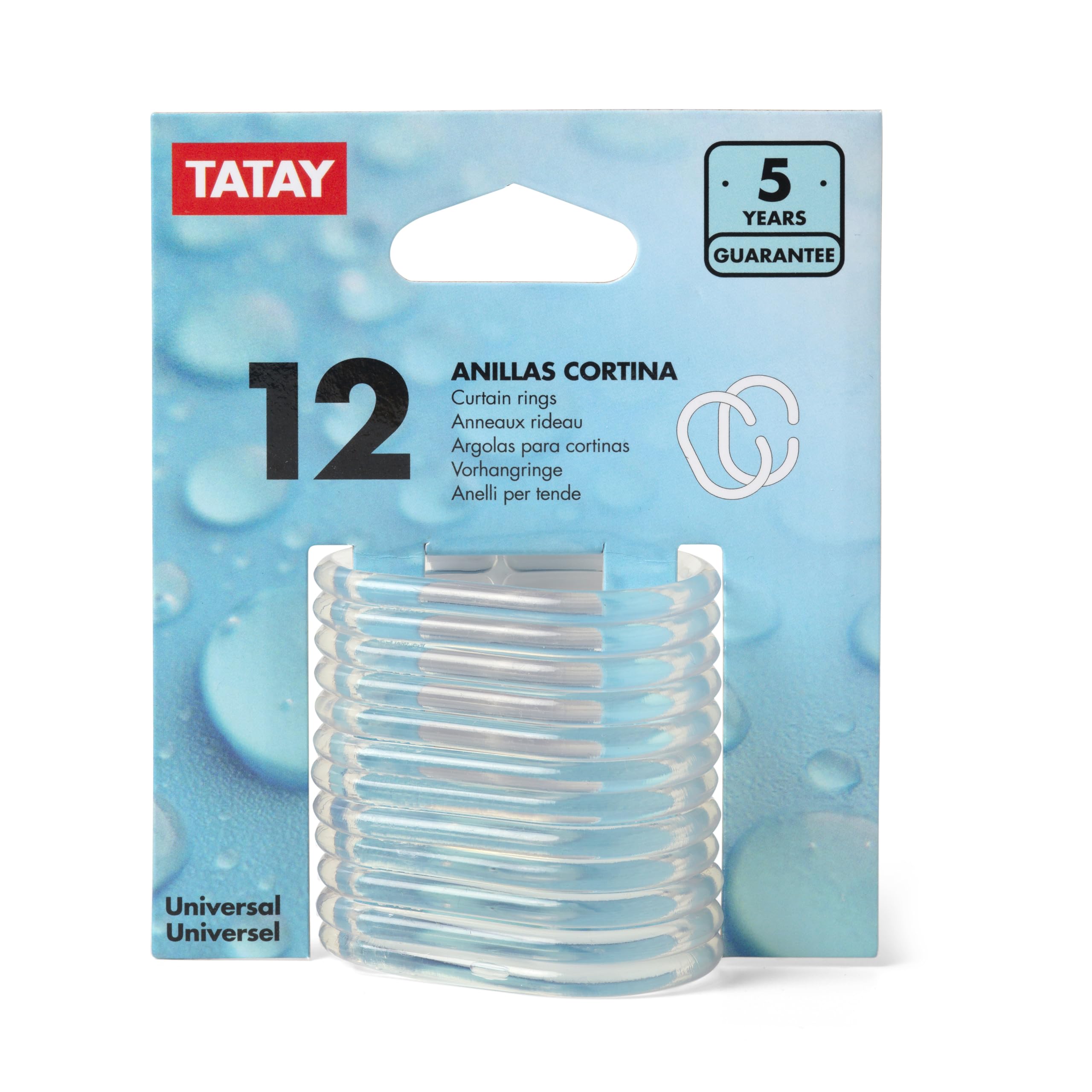 TATAY 12 Duschvorhangringe 3 cm Durchmesser Transparent | Universal Design | Robuster Kunststoff | Einfach zu Montieren | Passend für Jede Duschstange 5 Jahre Garantie