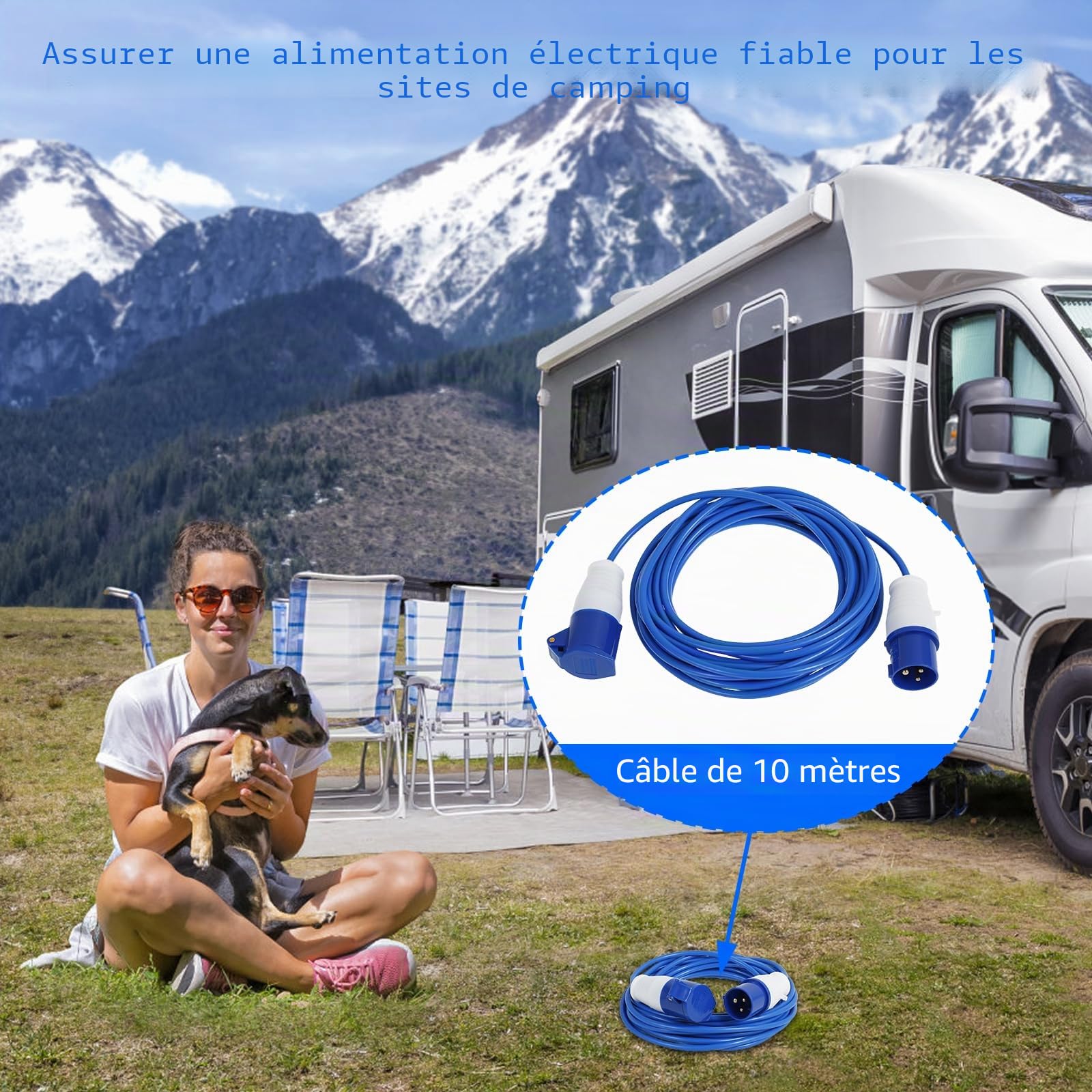 Rallonge CEE 10 m, 230 V, 16 A, ultra sûre, robuste, câble de caravane, câble de camping H07BQ-F de couleur de signalisation bleu, IP44, câble d'alimentation de force pour camping-car, camping