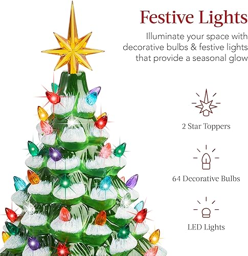 Vista 22 de Best Choice Products Árbol de Navidad de cerámica de 15 pulgadas, árbol de Navidad pintado a mano preiluminado, 2 adornos de estrellas, 64 luces