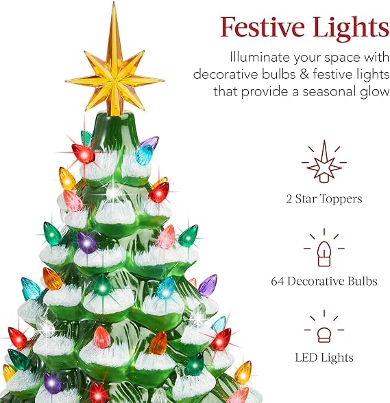 Best Choice Products 15in Ceramic Christmas Tree, Pre-lit Hand-Painted Tabletop Holiday Tree, 2 Star Toppers, 64 Lights - Flocked w/Multicolored Bulbs