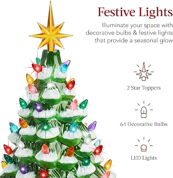Best Choice Products 15in Ceramic Christmas Tree, Pre-lit Hand-Painted Tabletop Holiday Tree, 2 Star Toppers, 64 Lights - Flocked w/Multicolored Bulbs
