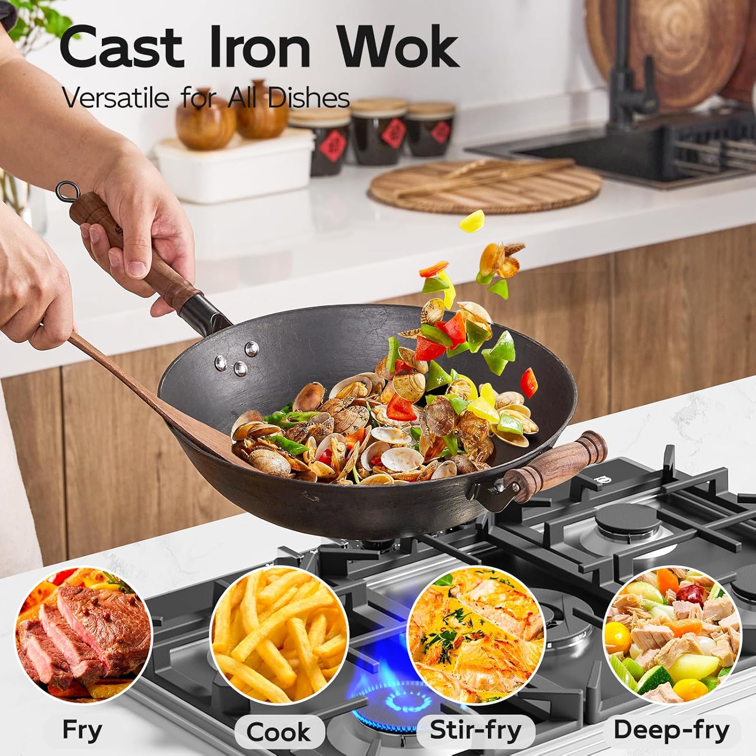 WANGYUANJI Cast Iron Wok Pan with Lid, 13.4 Inch Flat Bottom Uncoated Stir Fry Skillet, Traditional Chinese Iron Pot for 3-5 People, Detachable Walnut Handle, Compatible with Induction & Gas Stoves - Image 4