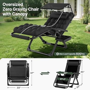 Suteck Zero Gravity Chair with Canopy,33In XXL Oversized Lounge Chair w/Removable Cushion&Headrest, Upgraded Lock and Footrest, Folding Reclining Patio Chairs Recliner for Indoor Outdoor