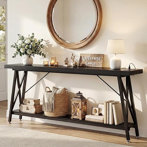 Homieasy Mesa consola extra larga de 70.9 pulgadas, mesa de sofá industrial detrás del sofá con estación de carga y estante de almacenamiento, mesa