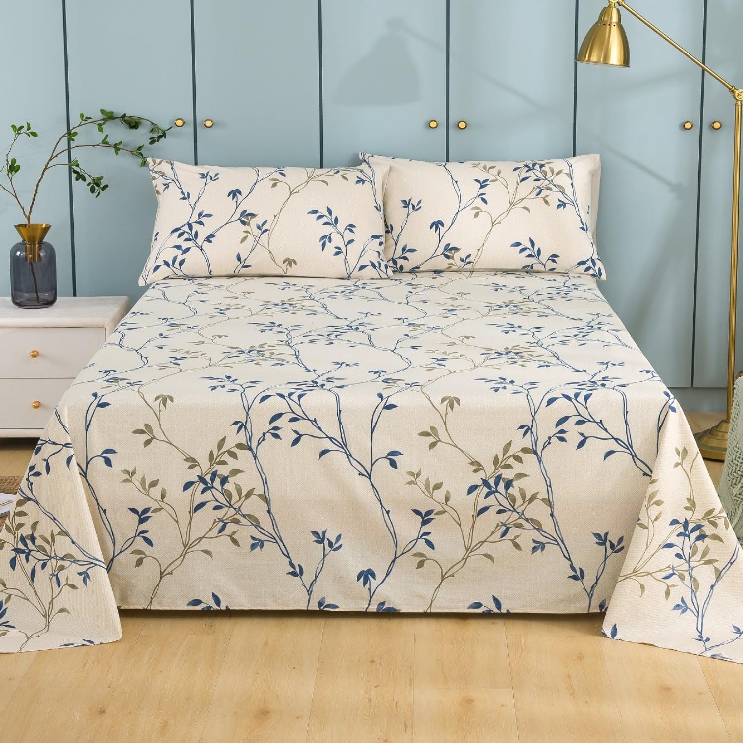Tache Queen Flat Sheet Only Cotton Elegant Leaf Vine Nature Earthy Floral Neutral Cream Beige Tan Blue Breathable Poplin Cotton Flat Sheet, Queen