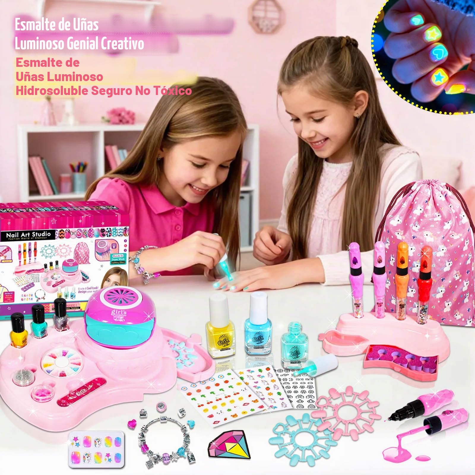 Set Manicura Niñas, Kit Arte de uñas para Niños, Kit Pintauñas Niñas, Juegos Salón Manicura Fluorescente, Estudio Uñas Juego Maquillaje con Postizas, Regalo 6 7 8 9 10 Años